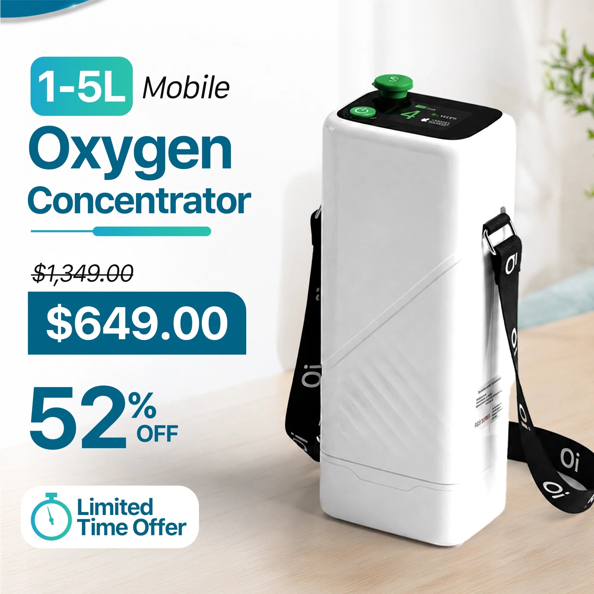 Rechargeable 1-5L Portable Oxygen Concentrator | 95% Oxygen Purity | 6400mAh Li-ion Battery | Free Shipping