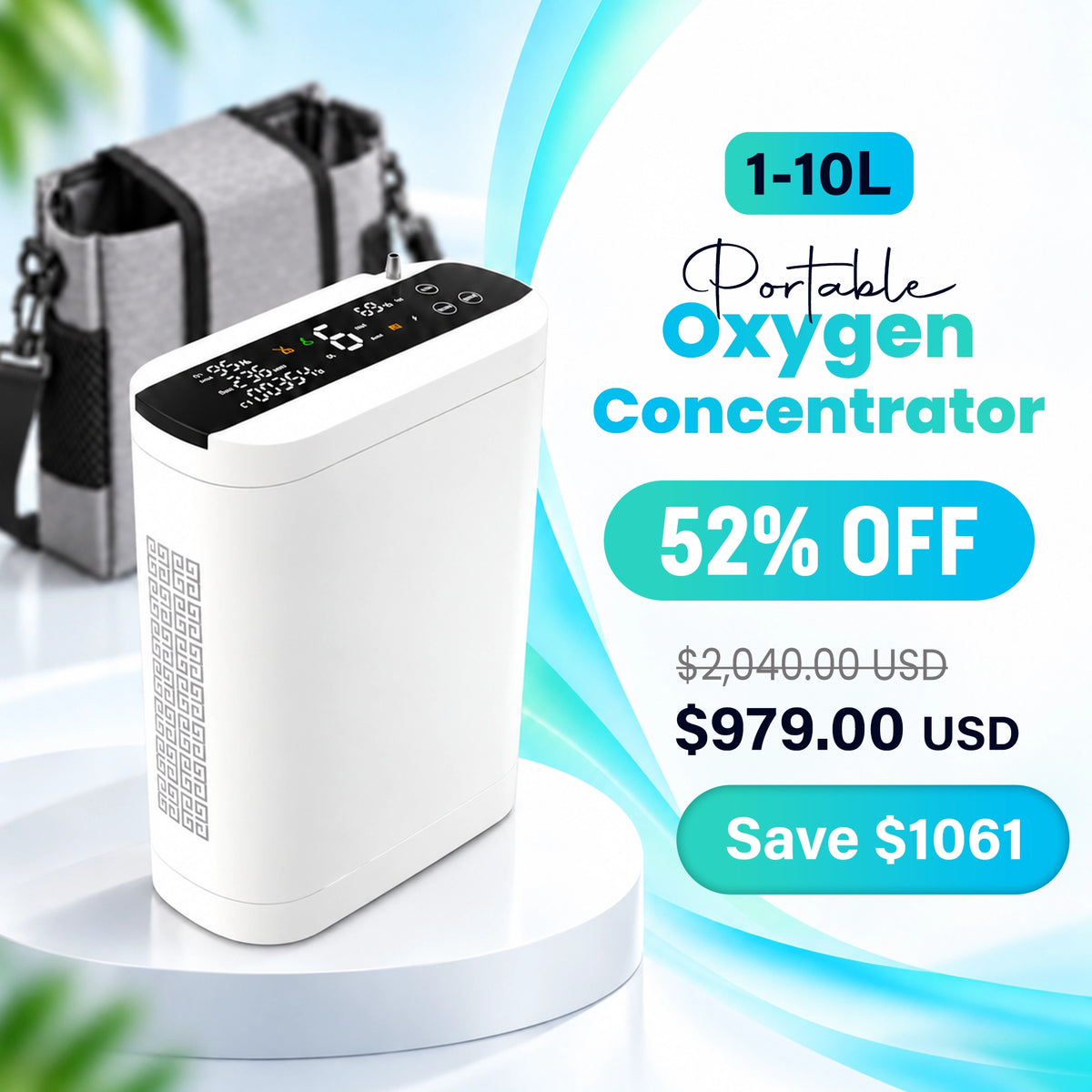 1-10L Portable Oxygen Concentrator for Home, Car & Travel | 90% ±6% O₂ Purity | Up to 12-Hour Battery Life