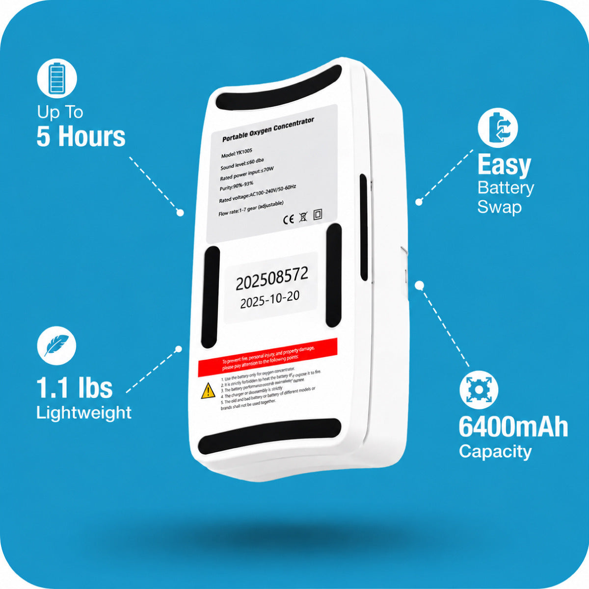 Rechargeable Battery For 1-7L/Min Portable Oxygen Concentrator | Swappable Power For Daily Use